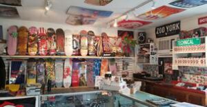 technical skate shop wall display